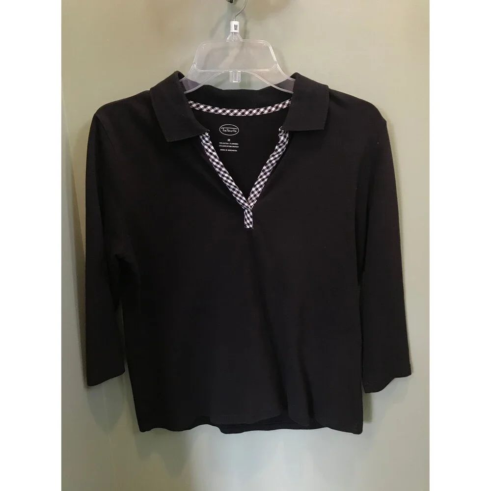 Talbots 3/4 sleeve black collared V-neck blouse -size M